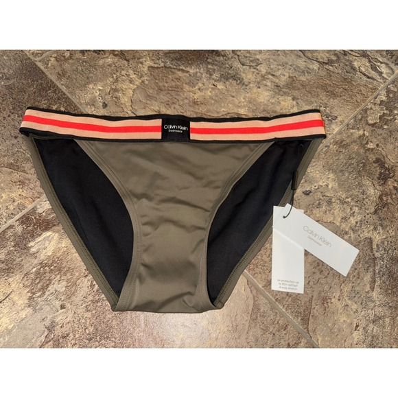 NWT $48 Sz Large Calvin Klein Swimwear Bikini Bottom Olive Green Stripe Trim - Picture 1 of 5